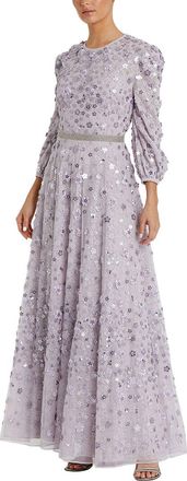 Mac Duggal Floral Beaded Mesh Puff Sleeve A Line Gown