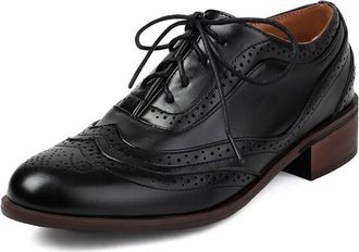 Generic Qynthra Womens Classic Oxford Wingtip Flats PU Leather Round Toe Tri-Color Design Perforated Brogue Shallow Lace-Up Shoes Vintage British Style Comfor