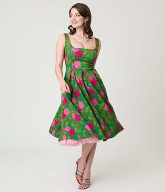 Unique Vintage Square Neck Pleated Swing Dress in Green W/pink Floral at Nordstrom, Size Medium