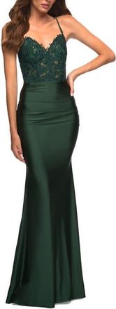 La Femme Jewel Tone Jersey Gown with Sheer Lace Bodice in Dark Emerald at Nordstrom, Size 00