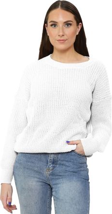 Janisramone Womens Chunky Knitted Oversized Jumpers, Long Sleeve Baggy Fisherman Sweater, Lightweight Crew Neck Jumper, Pull Over Warm Chunky Sweater Women White