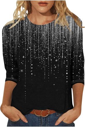 Generic Ladies Party Tops, Sparkly Tops for Women UK 3/4 Sleeve Top Sequin Glitter Graphics Print Tunic Trendy Casual Evening Party Going Out T-Shirt Pullover