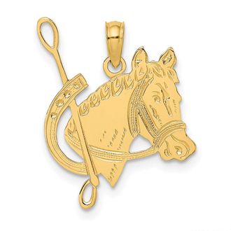 Diamond2Deal 14k Yellow Gold Textured Horse Head with Crop and Shoe Charm Pendant