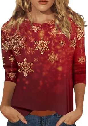 Generic Christmas Jumpers for Women UK Funny Cute Glitter Xmas Tree Graphic Printed Sweatshirts Crew Neck 3/4 Sleeve T Shirt Casual Print Patterns Holiday Jum