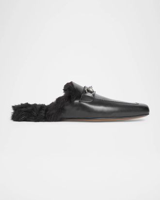 Gucci Men & apos;s Shearling-Lined Leather Horsebit Slippers