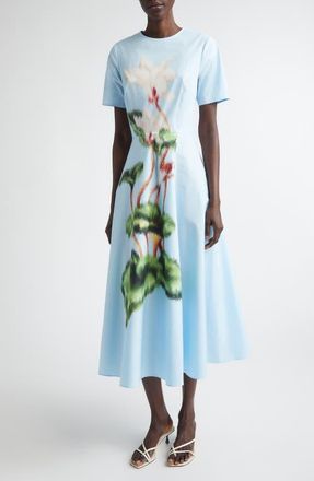 Oscar De La Renta Chin&eacute; Cyclamen Floral Poplin Midi Dress in White/Light Blue at Nordstrom, Size 12