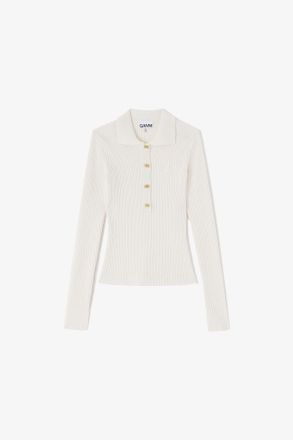 Ganni White Fine Sequin Knitted Polo