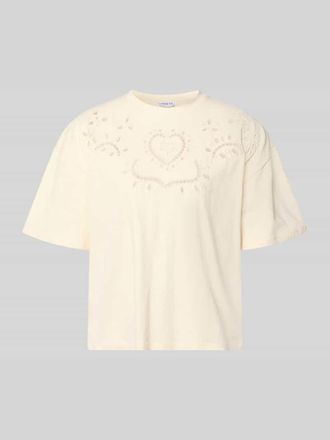 Jake*s Casual T-Shirt mit Lochstickerei und Rundhalsausschnitt in Beige, Gr&ouml;&szlig;e XXL