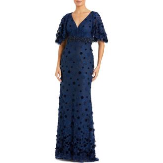 Mac Duggal Embellished Floral Short Sleeve Gown in Midnight at Nordstrom, Size 10