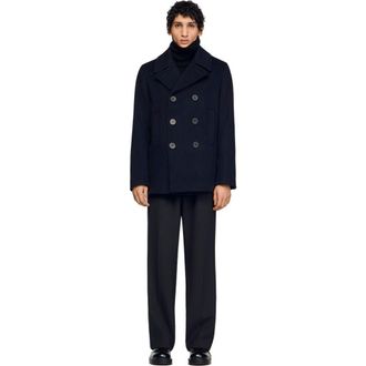 Sandro Straight-fit wool-blend coat in Navy Blue at Nordstrom, Size Xx-Large