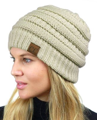 C.C Unisex Chunky Soft Stretch Cable Knit Warm Fuzzy Lined Skully Beanie, Beige, One size