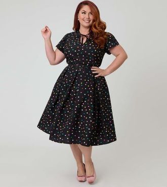 Unique Vintage Plus Size Short Petal Sleeve Tie Neck Dahlia Swing Dress in Black Pin Dot at Nordstrom, Size 4X