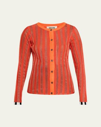 Christopher John Rogers Metallic Pleated Knit Crewneck Cardigan