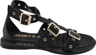 Janet & Janet Platte sandalen - Dames - Sandalen - Zwart - 40 EU - Schoenen
