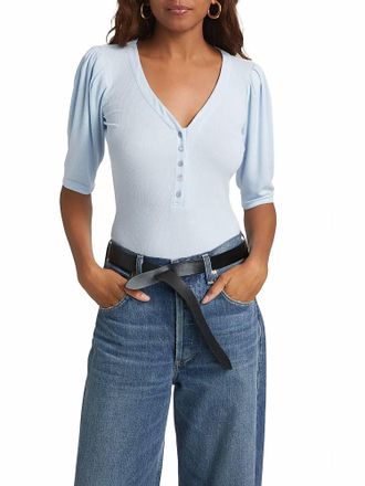 Frame Denim Rib Ruched Short Sleeve Henley Top In Light Chambray