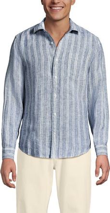 Lands End Long Sleeve Linen Shirt in Baltic Teal/white Stripe at Nordstrom, Size Xx-Large