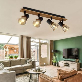 ETC Shop Faretti da soffitto striscia orientabile 4 fiamme lampada da soffitto in legno vetro fum&eacute; nero, metallo, 4x prese E14, LxPxH 50x7x15,5 cm