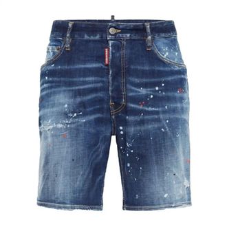 Dsquared2 Mens Navy Blue Marine Denim Shorts Paint Splatter Design Cotton - Size 34 (Waist)