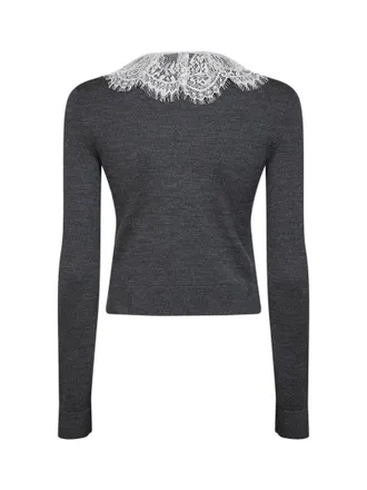Self Portrait Lace-Collar Wool Knit Cardigan - Gray
