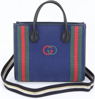 Gucci Blue Leather Canvas Shoulder Bag (Pre-Owned)
