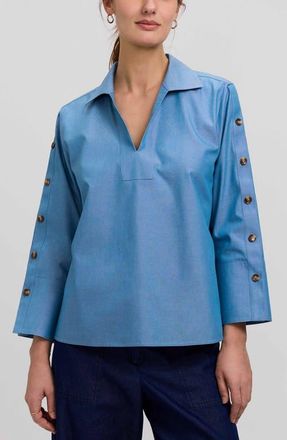 Foxcroft Lainey Button Accent Cotton Popover Top in Soft Indigo Blue at Nordstrom, Size X-Small