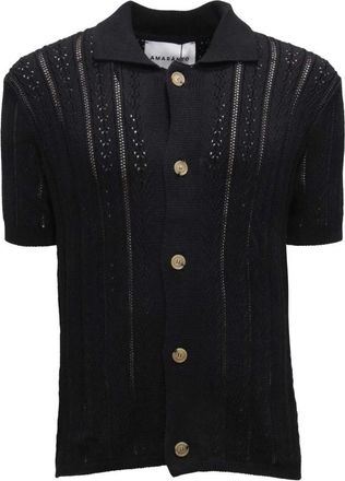 Amaranto N2631 Katoenmix Gebreid Shirt - Heren - Korte mouwen Overhemden - Zwart - S - Katoen - Overhemden