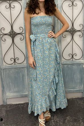 Skemo Strapless Floral Long Dress In Blue Multi