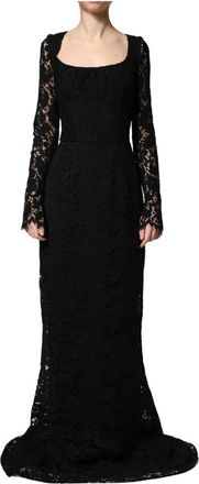 Dolce & Gabbana Kanten Maxi-jurk met Vierkante Hals en Lange Mouwen - Dames - Avondkleed - Zwart - XS - Katoen - Kleedjes