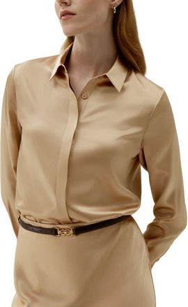 LilySilk Womens Basic Concealed Placket Silk Shirt in Light Camel at Nordstrom, Size X-Large