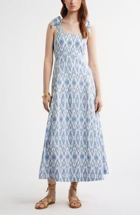 Treasure & Bond Floral Linen Blend Maxi Sundress in Ivory- Blue Diamond Ikat at Nordstrom, Size Xx-Large