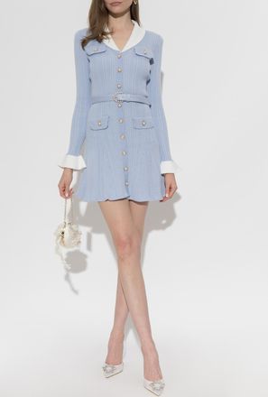 Self Portrait Ribbed Dress With Pockets, Womens, Blue