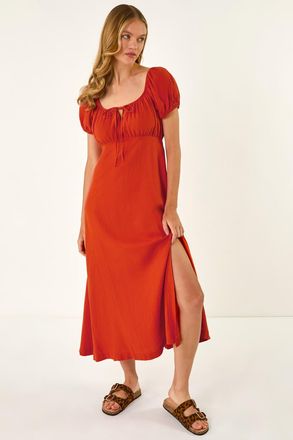 Roman Puff Sleeve Linen Mix Midi Dress