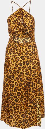 Sandro Orange Leopard Print Satin Cut-Out Ruched Midi Dress