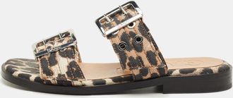Ganni Ganni Brown Leopard Print Denim Feminine Buckle Sandals