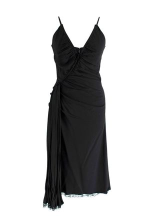Prada Black Ruched Laced Hem Midi Dress Size XS