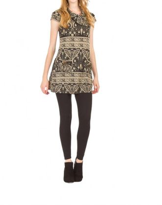 Papillon Paisley Border Print Cap Sleeve Drape Collar Dress In Black
