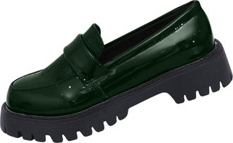Generic Green Feminine Loafers with Patent Leather Low-Top Thick-Soled Stone Pattern British Style for Leisure