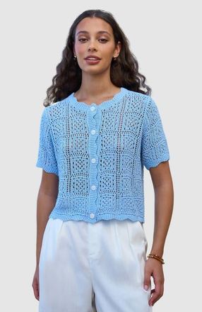 Yumi Crochet Short Sleeve Cardigan in Blue at Nordstrom, Size Medium