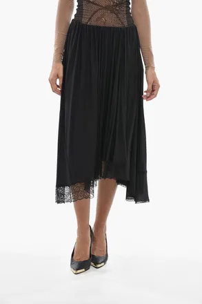 Balenciaga Flared Midi Skirt with Lace Hem and Logo Elastic Waistband Balenciaga