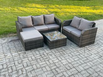 Fimous PE Rattan Garden Furniture Sets 6 Seater Outdoor Lounge Sofa Set Square Coffee Table Big Footstool in Dark Grey