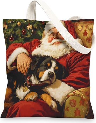 Generic Christmas Bernese Mountain Dog Canvas Tote Bag for Shopping 13x15, Xmas Santa Puppy Reusable Grocery Print Pattern Bag for Women Men, Pet New Year Aes