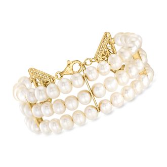 Ross-Simons 6.5-7.5mm Cultured Pearl 3-Row Bracelet in 18kt Gold Over Sterling