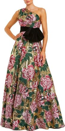 Mac Duggal One Shoulder Sequin Ballgown With Velvet Bow in Gold Multi at Nordstrom, Size 14