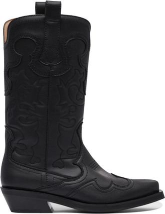 Ganni Zwarte Enkellaarsjes met Geborduurde Details - Dames - Cowboylaarzen - Zwart - 39 EU - Schoenen