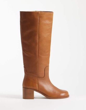 Asos Clyde - Stivali al ginocchio in pelle color cuoio con punta arrotondata-Marrone