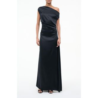Staud Phare One-Shoulder Stretch Silk Gown in Black at Nordstrom, Size 16