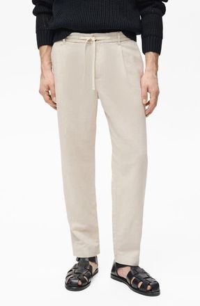 Mango Slim Fit Linen & Cotton Drawstring Pants in Ecru at Nordstrom, Size 36