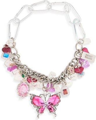 Chopova Lowena Fly My Love Crystal Butterfly Carabiner Charm Necklace in Pink at Nordstrom