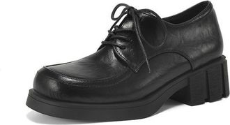 Generic Womens Oxford Shoes Lace Up Textured Upper Chunky Block Heel Platform Square Toe Dress Shoes Comfortable for Fashion Party,Black,3.5 UK