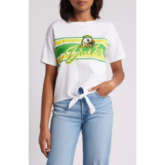 WEAR by Erin Andrews Womens WEAR by Erin Andrews White Oregon Ducks Striped Front Knot Cropped T-Shirt at Nordstrom, Size Xx-Large